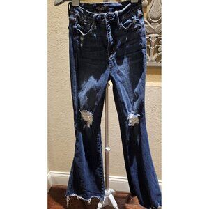 Judy Blue 88739 Distressed Flare Jeans Women's 7/28 High-Rise Stretch Denim Dark